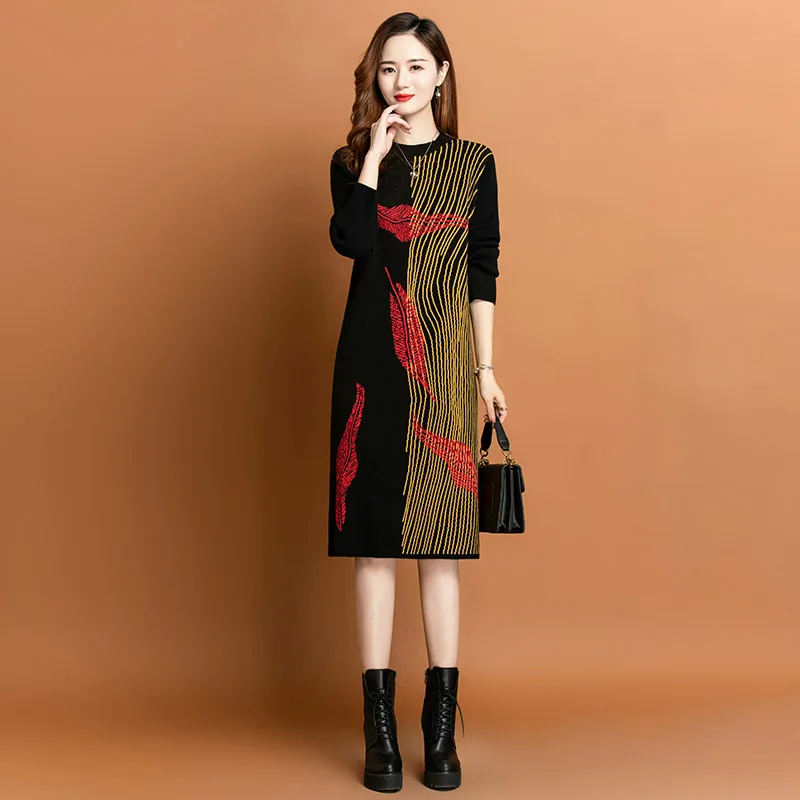 Autumn Winter Simple Fashion Comfortable Mid Length Dress Wool Knitted Leaves Contrast Jacquard Style Chic Dresses Female