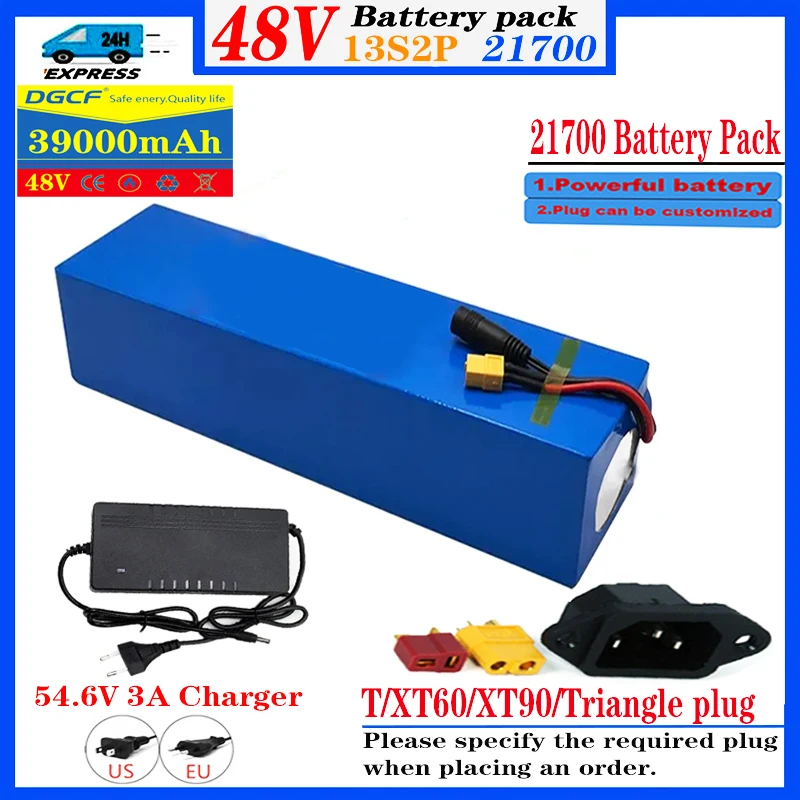 

E-bike Battery 48v 39Ah 21700 Lithium Ion Battery Pack 13S2P Bike Conversion Kit Bafang 1000w And 54.6V 3A Charger + XT60 Plug