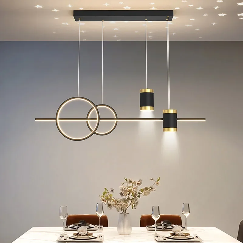 Modern LED Pendant Lights Restaurant Iron Gold Black Long Strip Starry Sky Hotel Dining Table Living Room Bar Ring Hanging Lamp