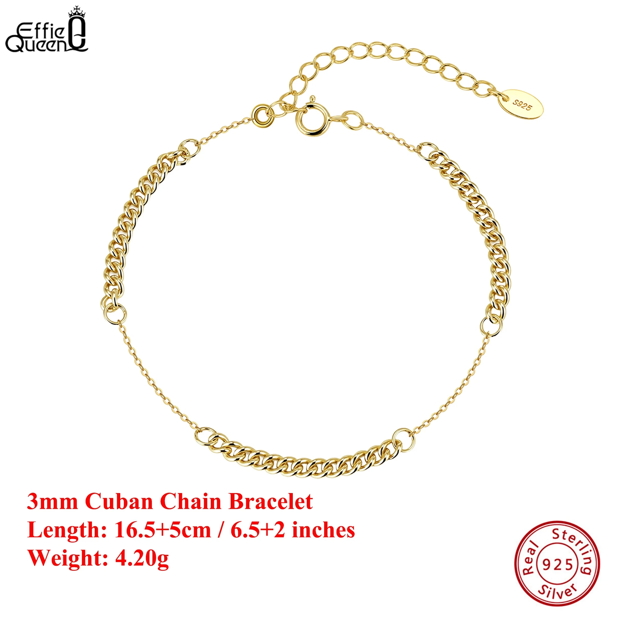 

EFFIE QUEEN Genuine 925 Silver 14k Gold 3mm Cuban Chain Bracelet Simple Jewelry for Women, Men's Bracelet Banquet Party GAB06