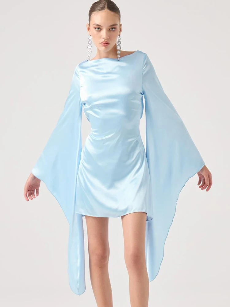 Oniflyme الساتان عارية الذراعين Bodycon فستان قصير المرأة الخريف الصلبة س الرقبة غير النظامية كم طويل سليم فساتين قصيرة أنيقة ملابس الحفلات