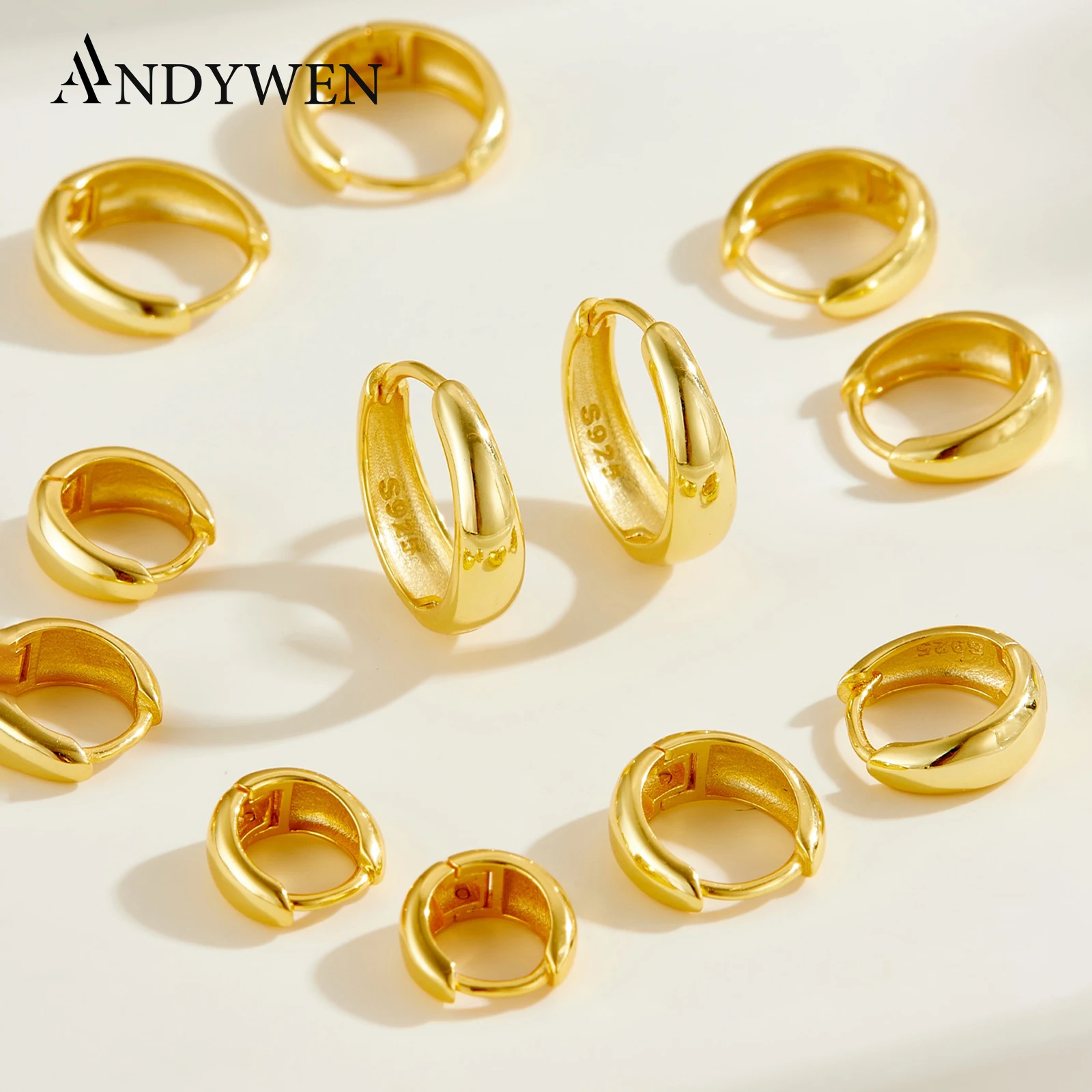 ANDYWEN 925 Sterling Silver Gold Clear 6mm do 10mm Big Huggies Circle Square Piercing Hoops Earring Women Luksusowa biżuteria na prezent