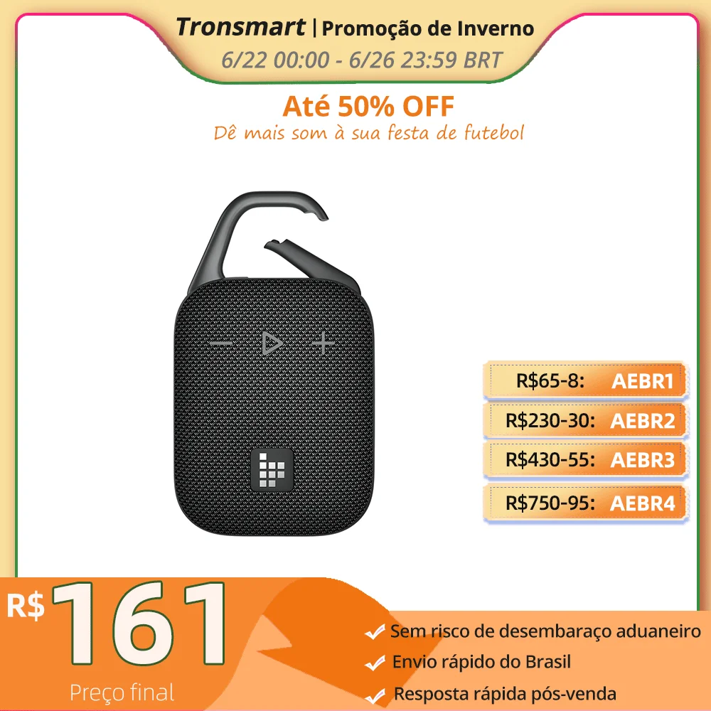 Tronsmart caixa de som bluetooth Mirtune H1 portátil Alto-falante portátil Bluetooth com gancho, IPX7 à prova d'água, 20 horas de reprodução, TWS, para camping, caminhadas