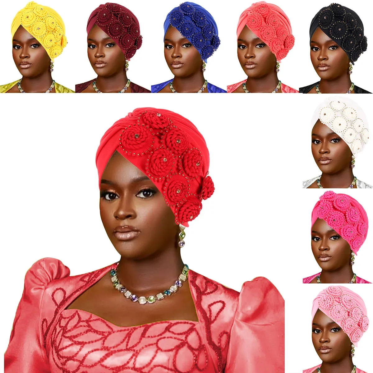 Indian Hat Rhinestone Flower Turban Women Muslim Hijab Bonnet Beanies Pleated Headscarf African Geles Head Wrap Turbante Mujer