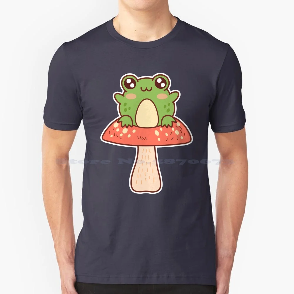 Cute Frog Setting On A Mushroom Kawaii Cottagecore T Shirt 100% Cotton Tee Cute Kawaii Cottagecore Frog On Mushroom Adorable