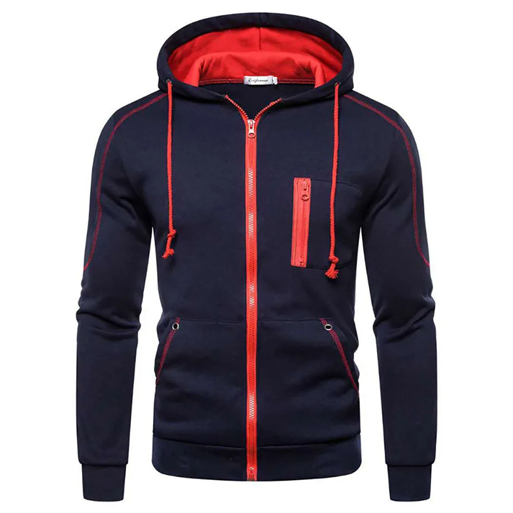 Men Hoodies Jackets Slim Fit Hooded Zipper Jacket Male Solid Caost Thicken Warm Hoodies Coat Men\'s Clothing Tops Black Red