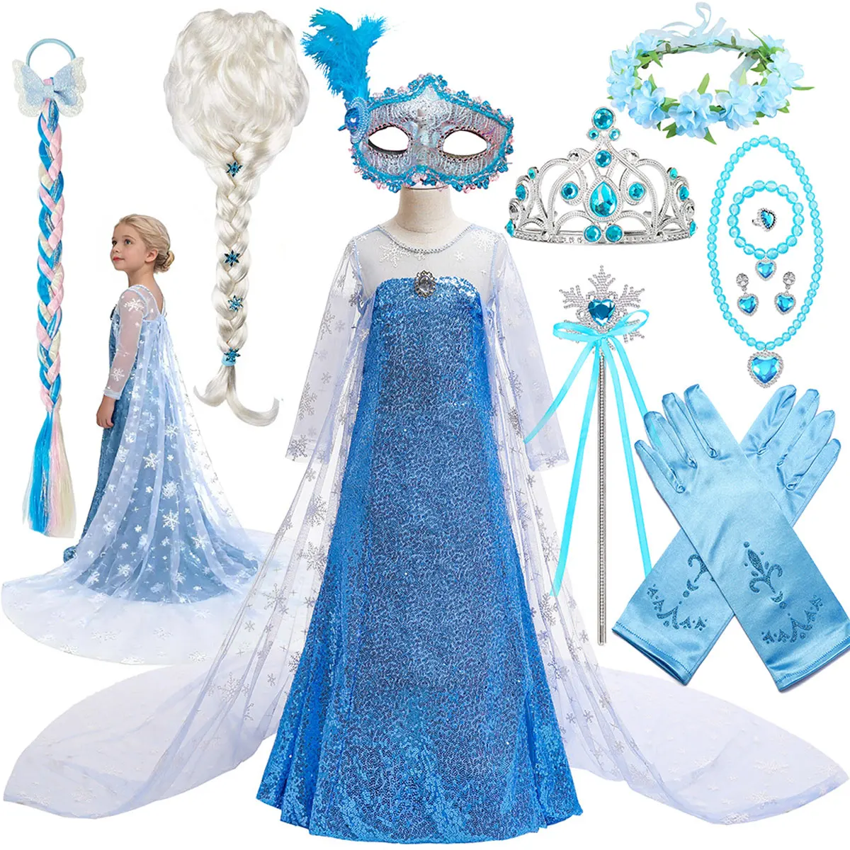 

New Elsa Princess Sequin Summer Breathable Lace Long Sleeve Princess Dress Beach Birthday Party Dress + Cape + Accessories Set