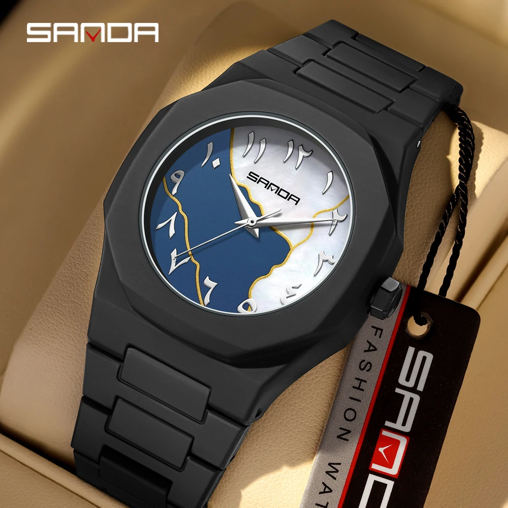 2025 Sanda 9091 Brand Fashion Men's Unisex Quartz Abs Strap Simple 5atm Waterproof Octagonal Matte Student Watch