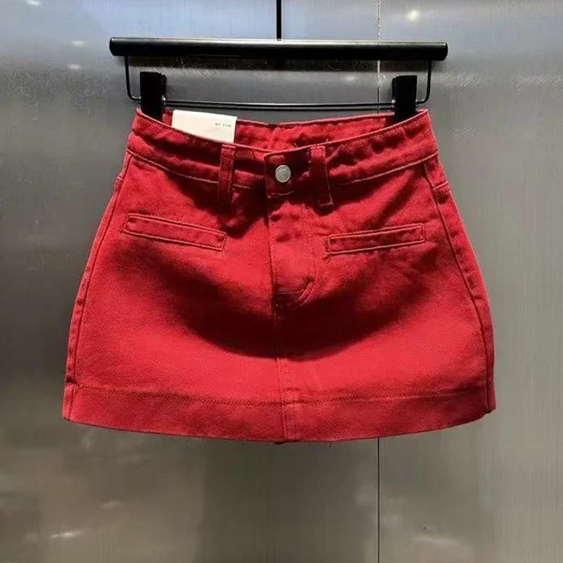2025 Spring Summer New Red High Waist Denim Short Skirt Female Fashion Buttons Zipper Slim A-line Skirt Women Clothes Mini Dress