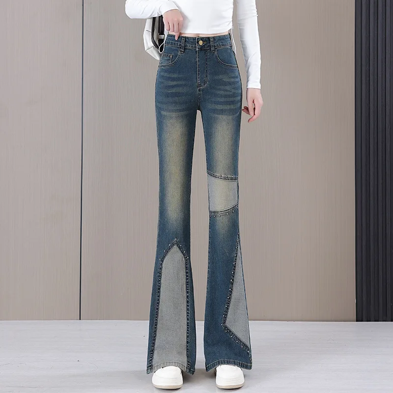 American Retro Micro Flared Jeans for Women's 2025 Four Seasons New Rivet Patchwork High-waisted Slimming Floor-length Jeans