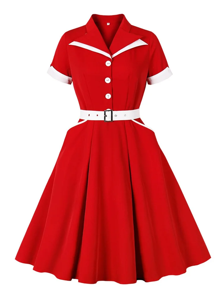 Letnia patchworkowa sukienka z krótkim rękawem Vintage 50s Casual damska sukienka elegancka czerwona jednolita sukienka Runway Pinup Rockabilly