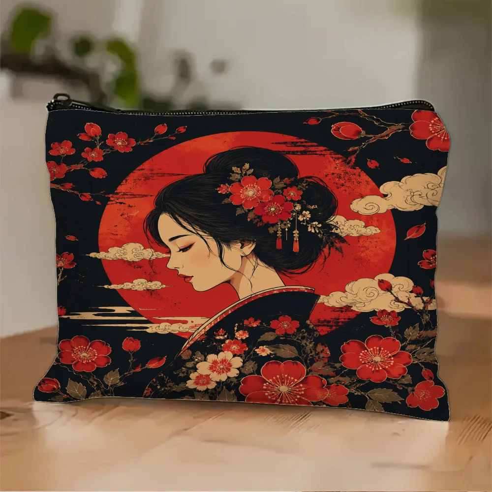 Japanese Geisha Red Sun  Sakura Printed Washbag Makeup Bag Cosmetic Bag with Durable Faderesistant Zipper Foldable Storage Bag
