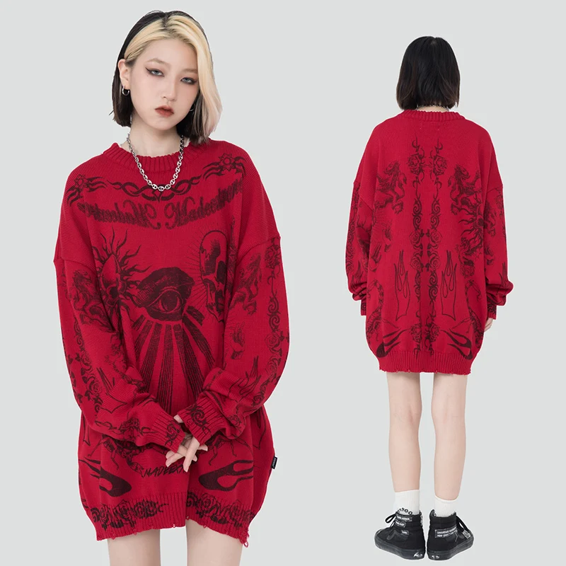 2024 Hip Hop Knitted Sweater Streetwear Rose Eye Scorpion Print Ripped Pullover Men Harajuku Cotton Casual Autumn Sweater Skull