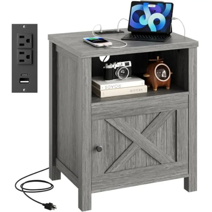 

Farmhouse Nightstand with Charging Station Wood Bedside Table with USB Port AC Outlet Open Shelf and Enclosed Cabinet Side Tabl