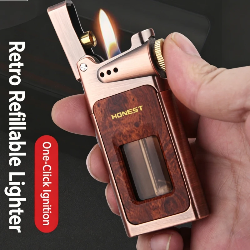 Retro Ejection Ignition Lighter, Metal Grinding Wheel, Transparent Large Oil Tank, Unique Styling