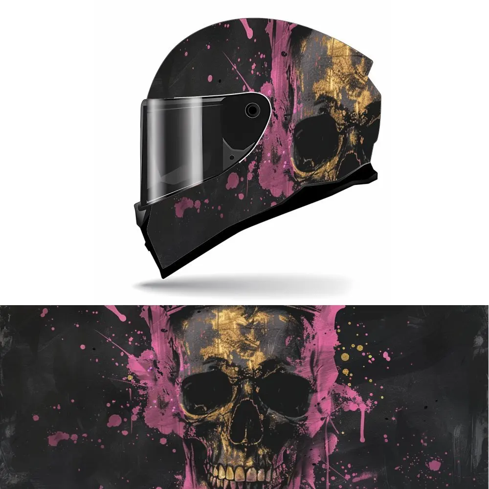 Noble and Classic Golden Skull and Pink Splattered Ink Motorcycle Helmet Vinyl Wraps Sticker, Attrative Helmet Decoration, Water