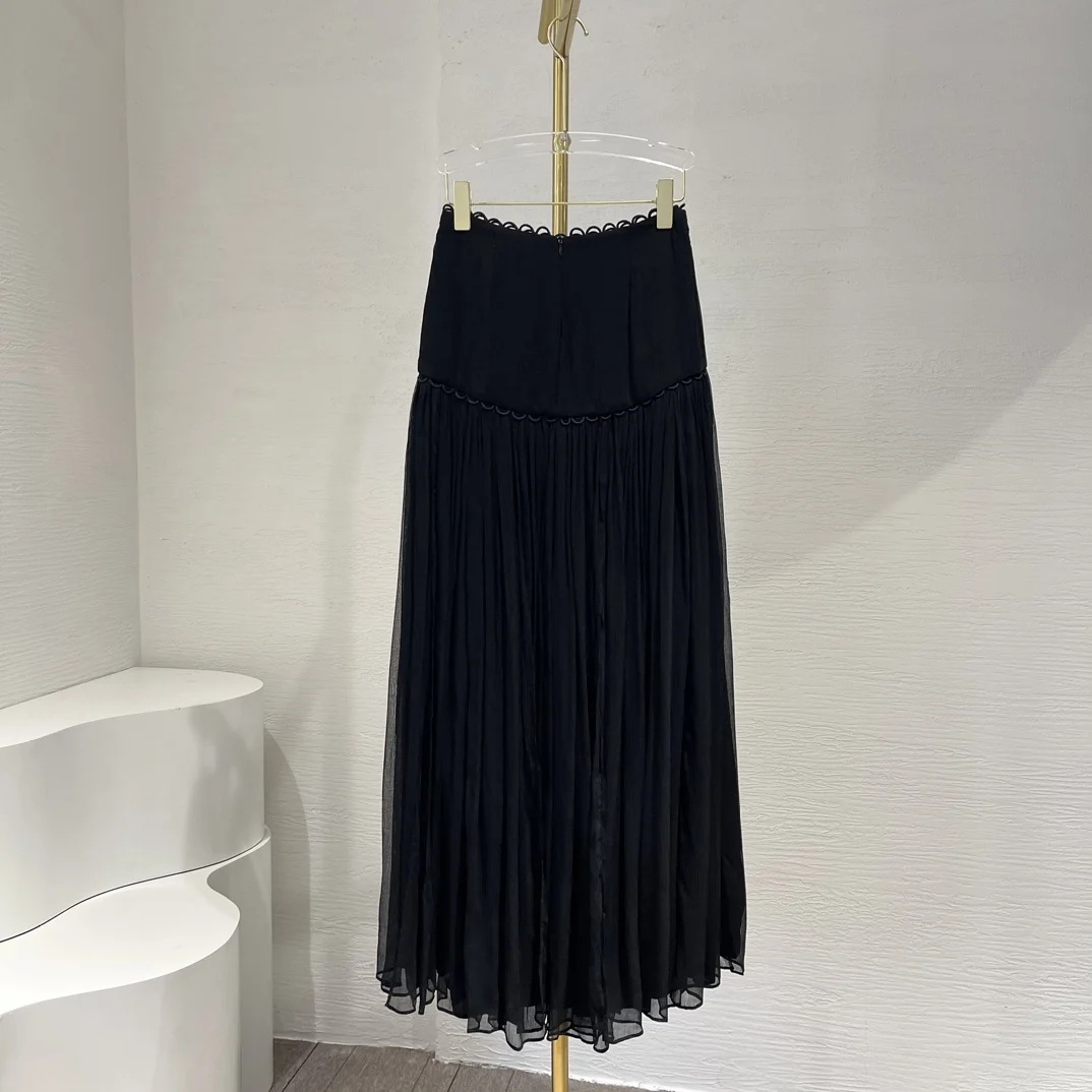 2024 New Spring Summer Black High Waist Pleat Women Casual Long Skirt