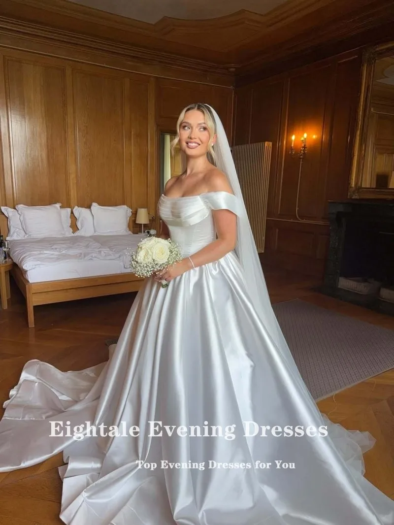 Eightale アラビアウェディングドレス プリーツ スクープオフショルダー カスタマイズされたホワイト アイボリー イスラム教徒のブライダルドレス Aライン 花嫁パーティードレス