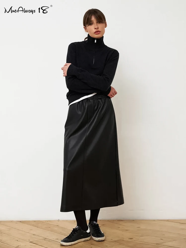 Mnealways18 Black High Elastic Waist PU Skirts Elegant Women Pockets Ankle-Length Skirts Autumn Winter 2024 Office Ladies Midi