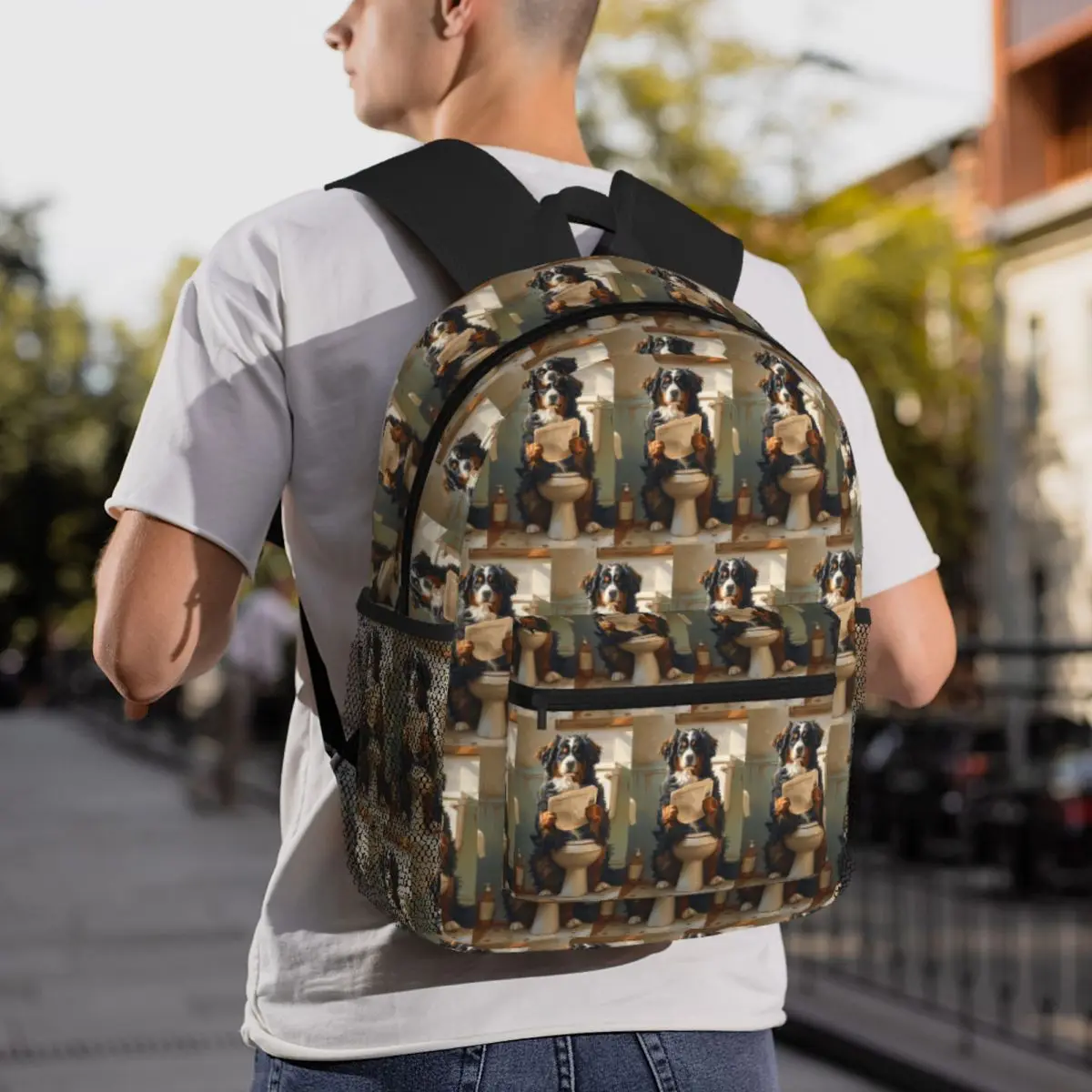 Bernese Mountain Dog On The Toilet And Reading The Newspaper Backpack Daypack Boys Girls BookBag School Bag Shoulder Bags