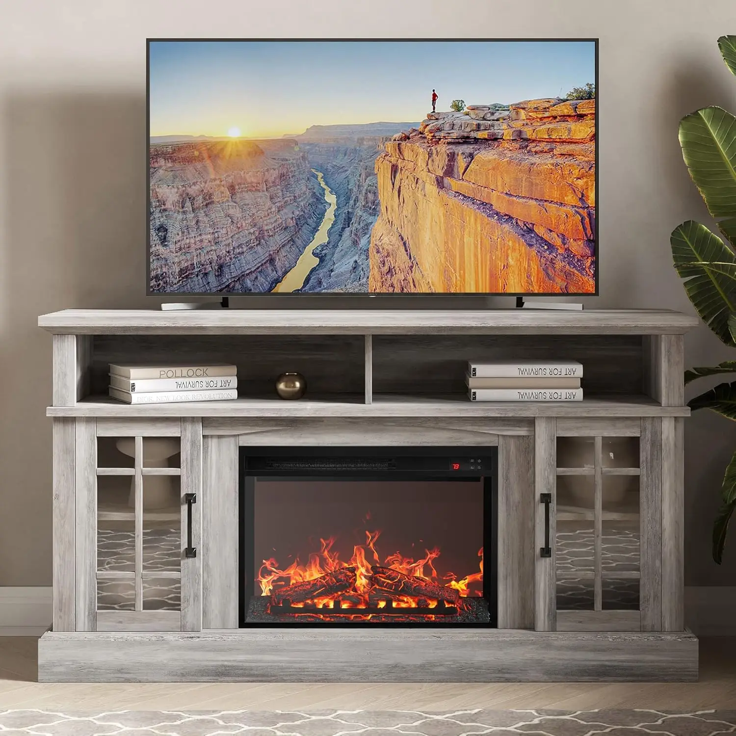 

Traditional 58" Rustic TV Stand with 23" Electric Fireplace Heater with Sound Open Storage Shelves and Cabinets - Grey Wash