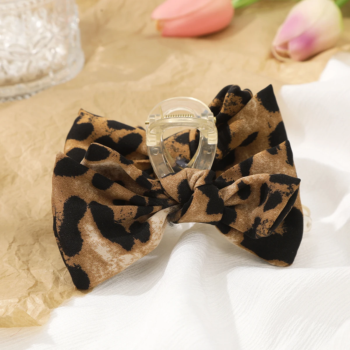 AWAYTR Korean Leopard Bow Grab Clip Ponytail Holder Sweet Hair Claw Hairgrip Elegant Soft Hair Clip for Girls Hairpin Headwear