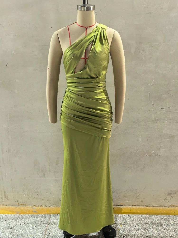 Chaxiaoa Satin One Shoulder Sexy Maxi Dress Women Elegant Diagonal Collar Cutout Ruched Bodycon Mermaid Long Evening Party Gown view 5