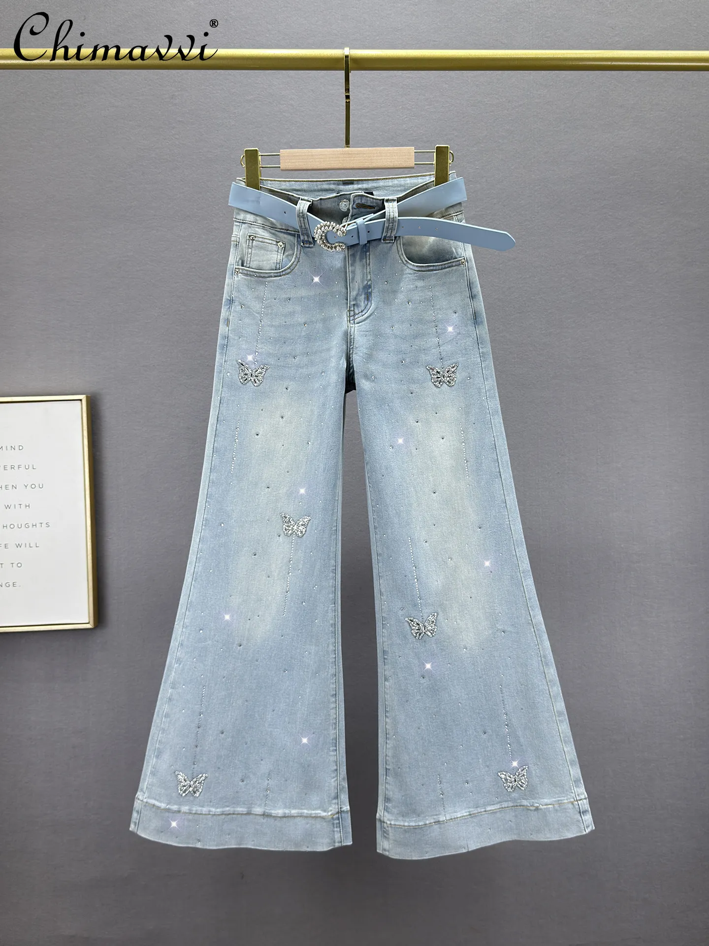 

Heavy Butterfly Hot Diamond Jeans Women's 2026 Summer Fashion Thin Stretch High Waist Slim European Wide Leg Flare Pants
