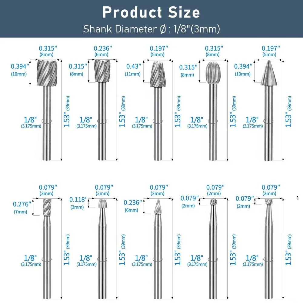10-Piece HSS Rotary File Set | For Steel Milling Cutters, Metal Rat-Tail Files, and Hard Metal Shaping | Compatible with Woodwor