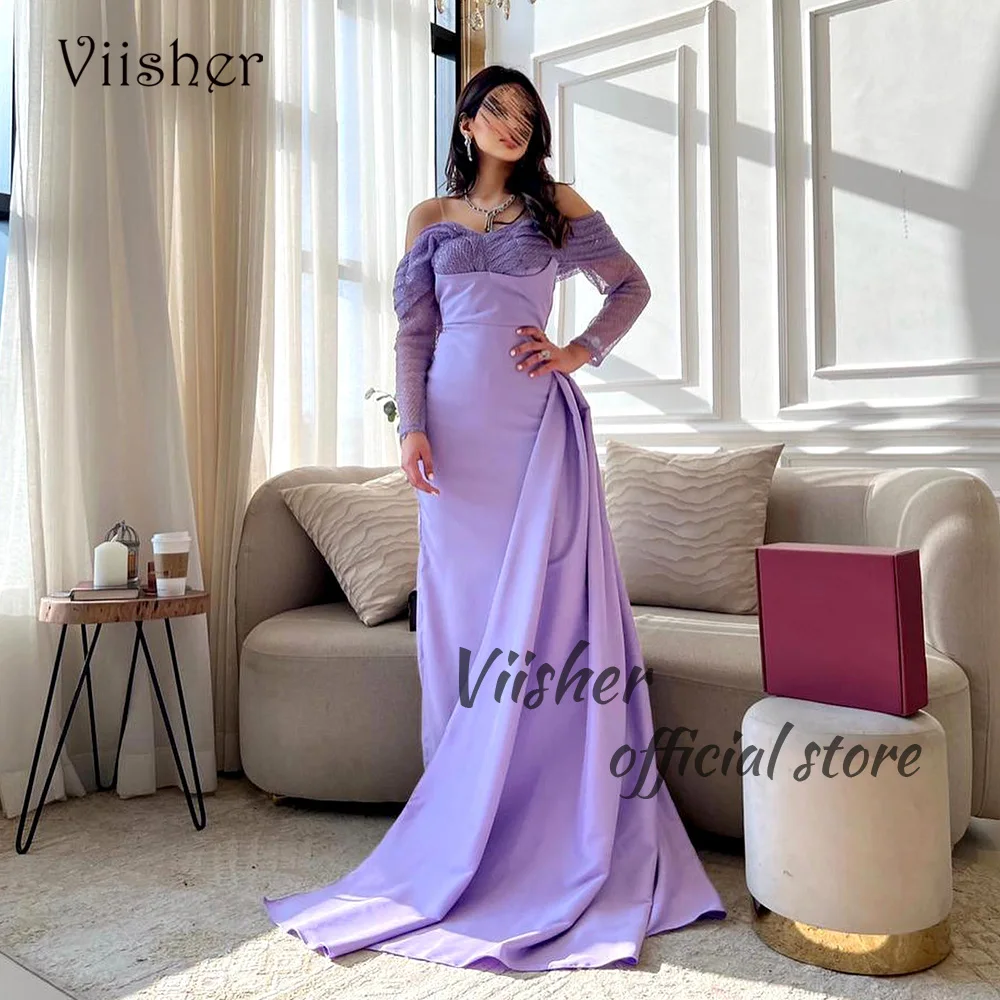 

Viisher Lavender Mermaid Evening Dresses Off Shoulder Spandex Satin Long Formal Dress Dubai Arabia Prom Party Gowns