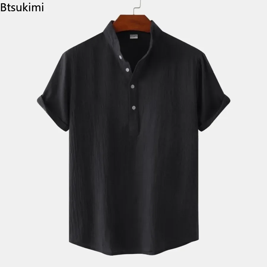 Verão novo masculino sólido gola de manga curta camisa conforto algodão linho casual masculino camiseta respirável topos homem blusa de praia