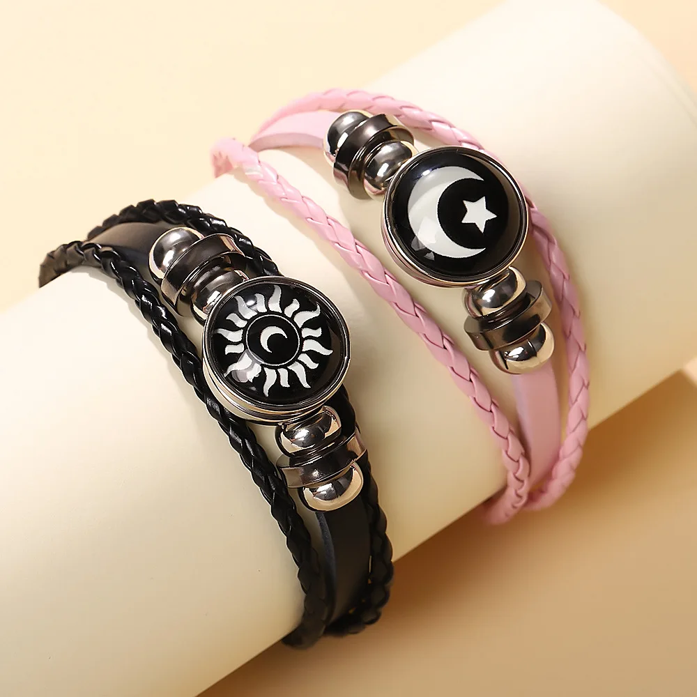 

Sun Moon Lovers' Time Gem Couple Bracelets Vintage Handmade Multi-layer Bead-woven Leather Design Couples Gift
