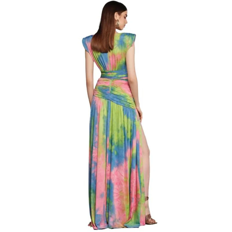 Msmusi 2023ใหม่แฟชั่นผู้หญิงเซ็กซี่ Tie Dye Deep V TANK คอ Draped พับ Slit แขนกุด bodycon เที่ยวกลางคืน Maxi ชุดเดรสชุดราตรียาว