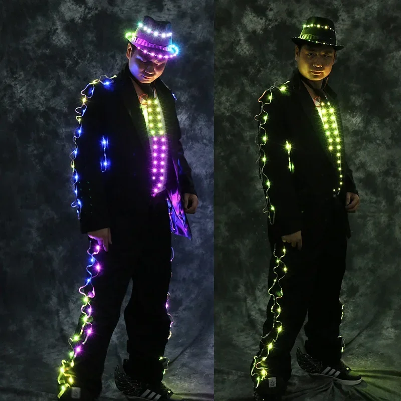 LED Suit for Men Nightclub Stage Nightclub Dance Costume Rainbow White Light Up Top Clothes Pants 2024 Magician Show Outfit