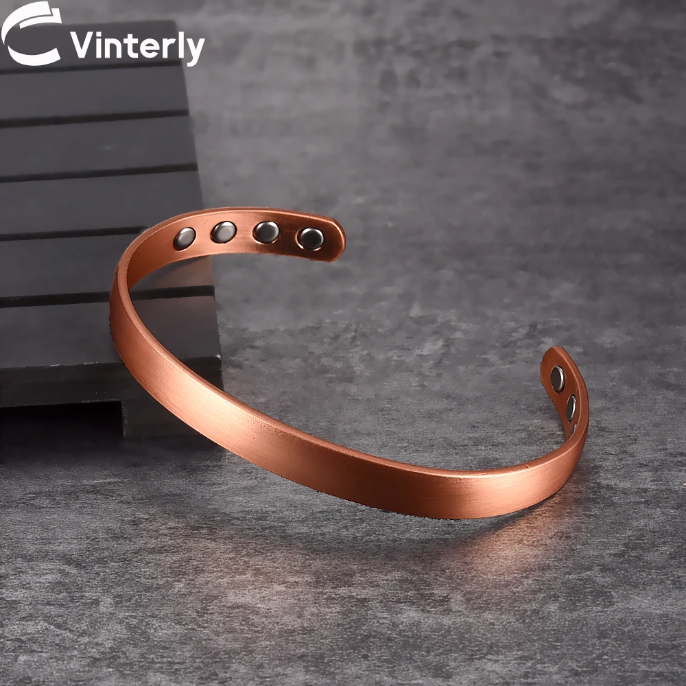 Vinterly Pure Copper Bracelets Magnetic Therapy Arthritis Matte Adjustable High Magnets Open Cuff 8mm Bangles Resizable Jewelry