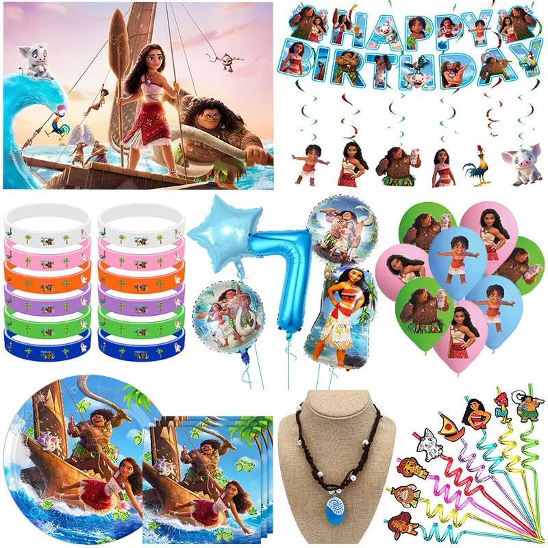 Moana 2 Birthday Party Decoration Girl Vaiana Happy Birthday Moana Backdrop Plates Napinks Cups Tableware Balloons Supplies Kit