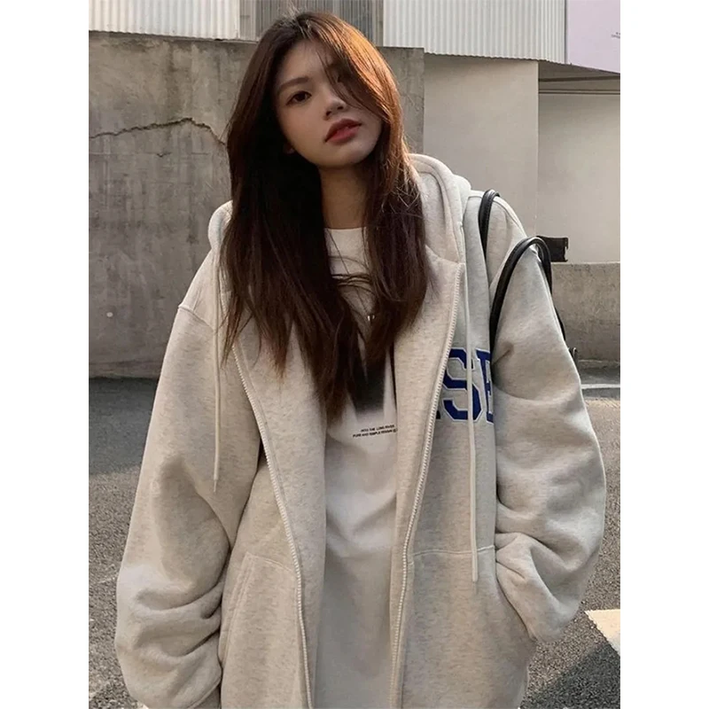 MEXZT Streetwear Zip Up Hoodies Women Oversized Letter Print Sweatshirt Harajuku Korean Plus Fleece Thick Casual All Match Tops