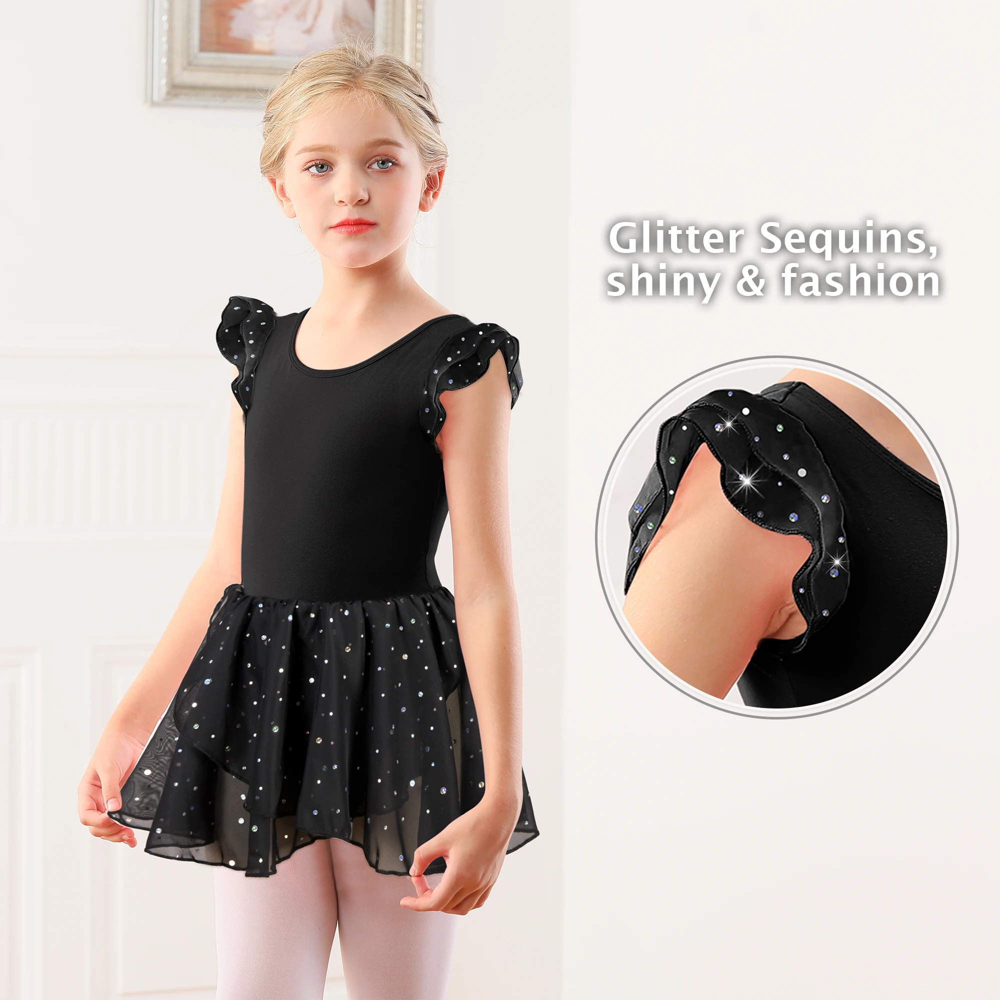 Girls Ballet Leotards for Dance Hollow Crisscross Back Short Sleeve, Shiny Skirt