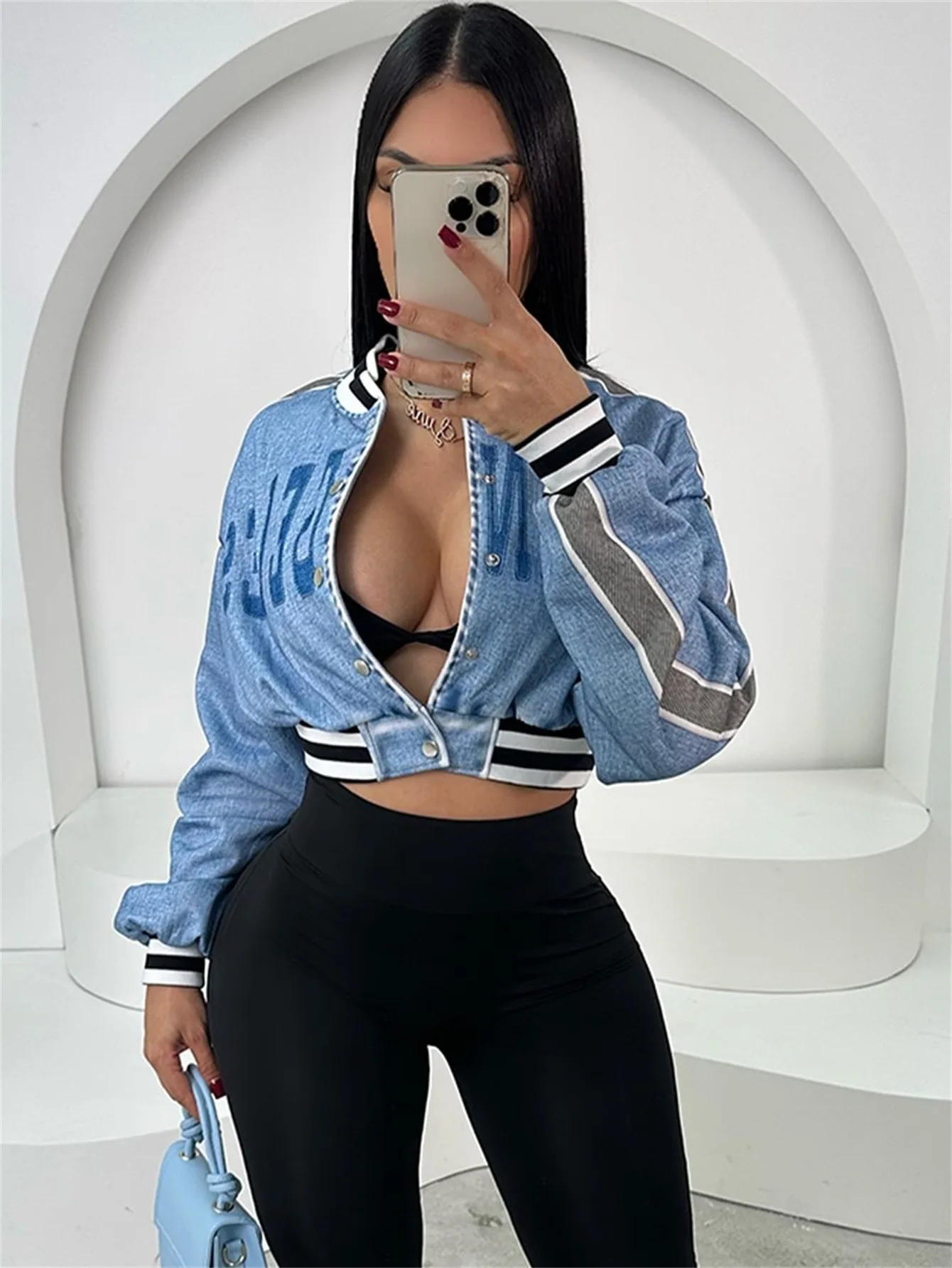 Euro-American Street Style Denim Bomber Jacket Printed Cropped Coat Long Sleeve Loose Trendy Women Autumn Fashion Outerwear