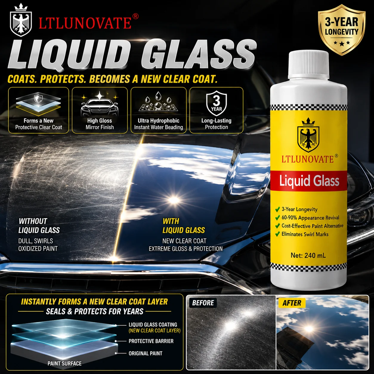 LTLUNOVATE Liquid Glass 240mL Car Paint Restorer,10μm Hard Clear Coat High Gloss Coating for Swirls Scratches Faded Paint