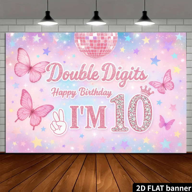Double Digits 10th Birthday Tapestry, Pink Butterfly & Disco Ball Party Backdrop Wall Hanging for Kids Room Decor