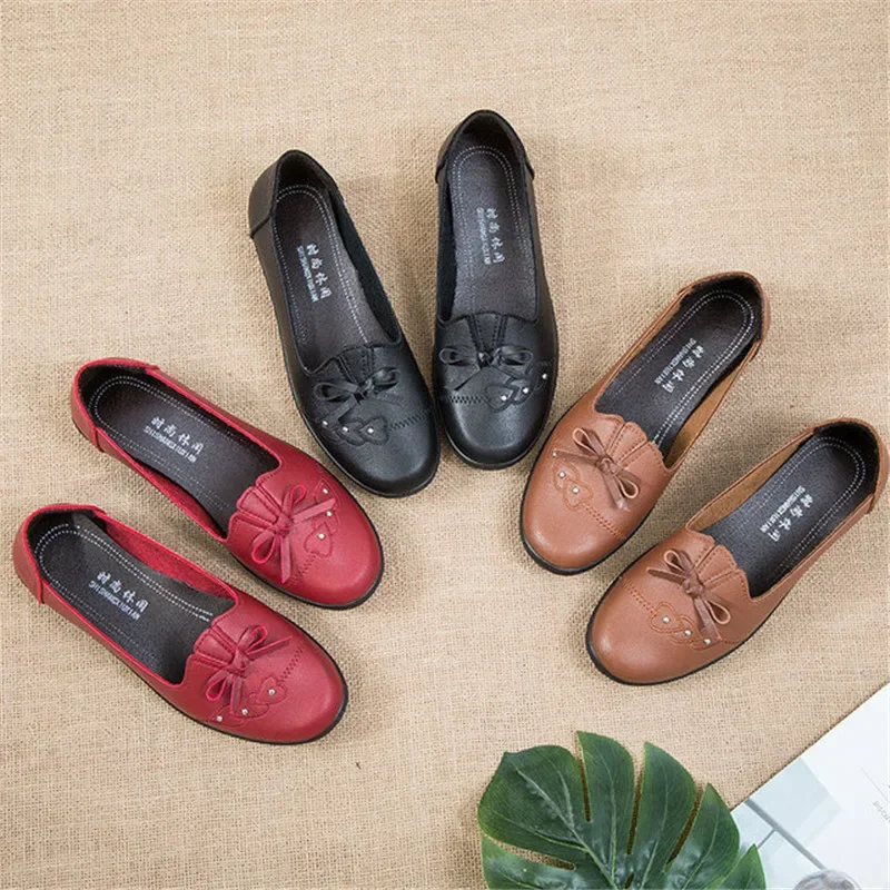 BEYARNE Big size 35-41 new women flat shoes round toe butterfly-knot PU leather shoes woman casual moccasins without lace Oxford