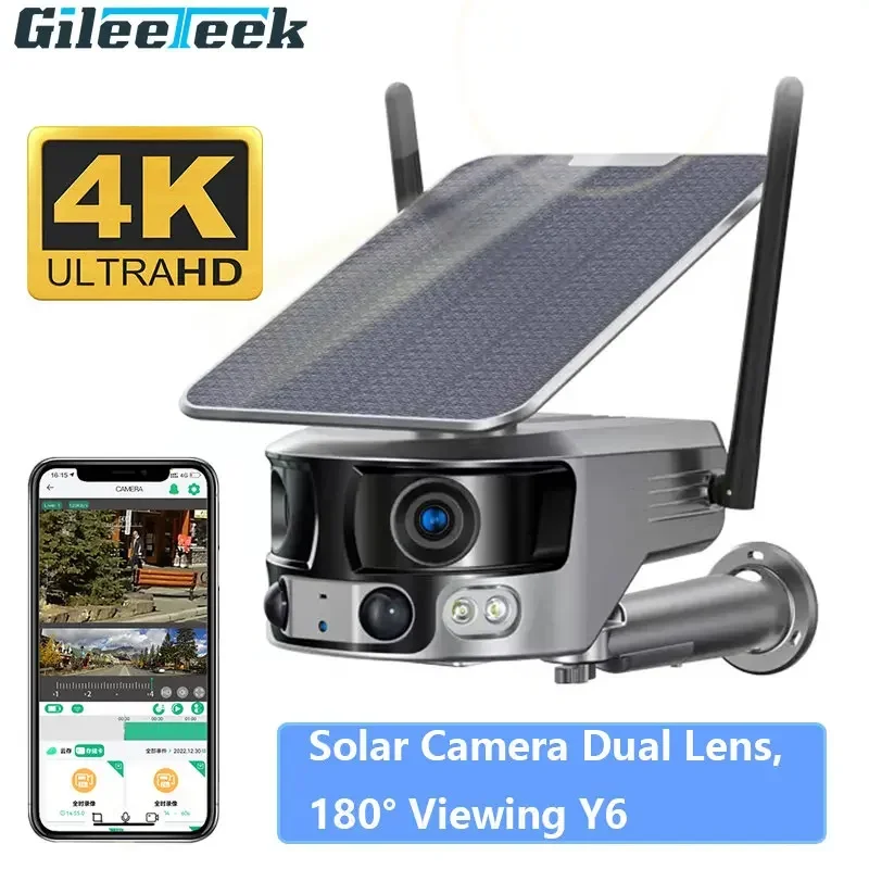 

4G/WIFI Wireless Camera Y6 Solar Camera Dual Lens 4K HD 8MP Super HD Outdoor 6mm len 180 Wide Angle with 6W Solar Panel