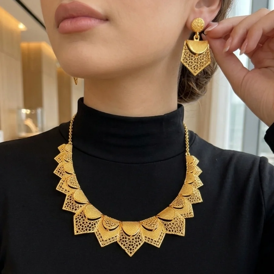 Brazilian 24K Gold Color Jewelry Sets for Women Dubai Pendant Necklaces Earrings Two Pieces Set Eritrean Wedding Party Gifts