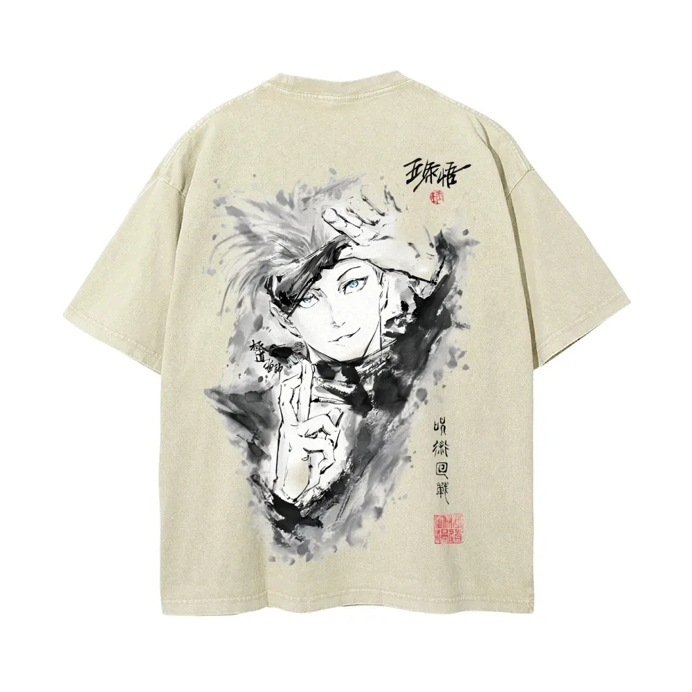 Gojo Satoru أنيمي Jujutsu Kaisen الرجال 2025 غسلها تي شيرت Harajuku الصيف خمر الشارع المتضخم المرأة عادية كم قصير