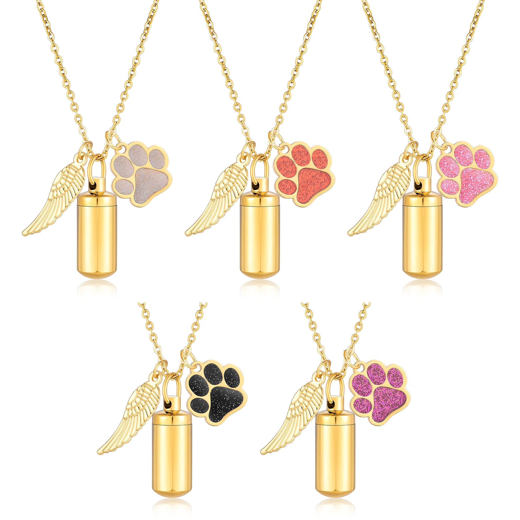 Personalized  Stainless Steel Cylinder Urn Necklace With Wings Pet Paw Pendant For human Pet Memorial Jewelry Keychain Gift view 2