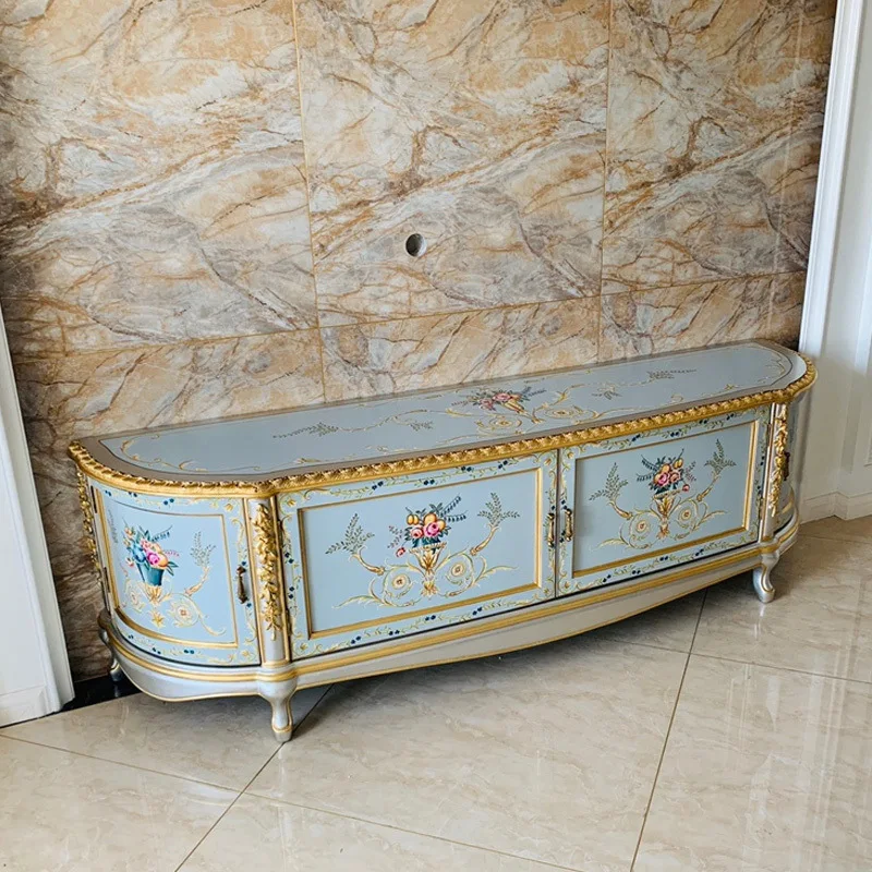 

Carved TV Cabinet Painted Flower Light Blue 2m TV Cabinet Bedroom Floor Cabinet Furniture