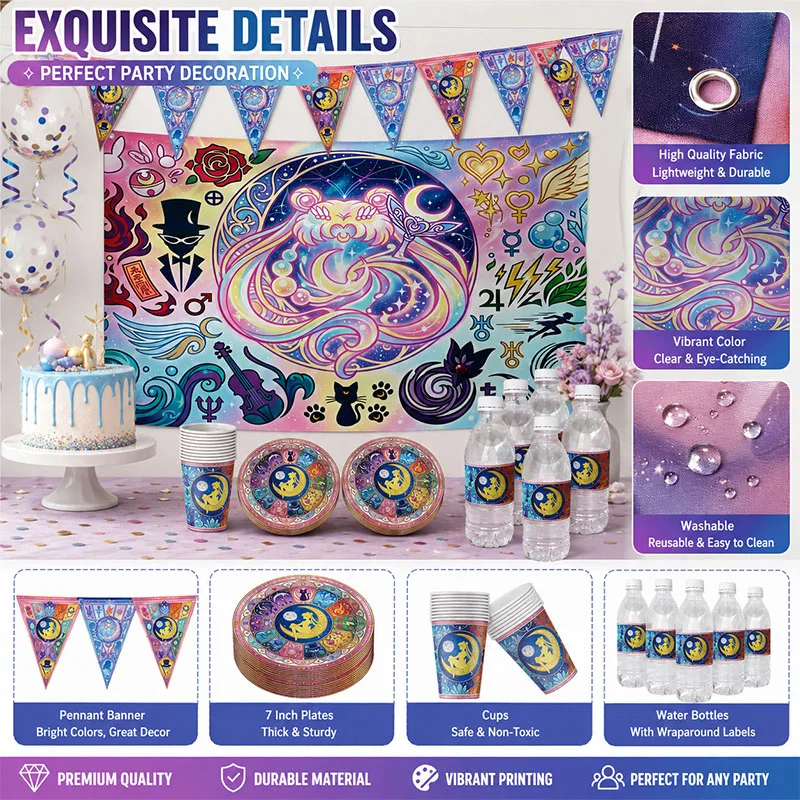 Bunte Sailor Moon Themen-Pappteller, Becher und Strohhalme im Cartoon-Stil für Familienfeiern, Geburtstagspartys und Geschenksets – Detail 6