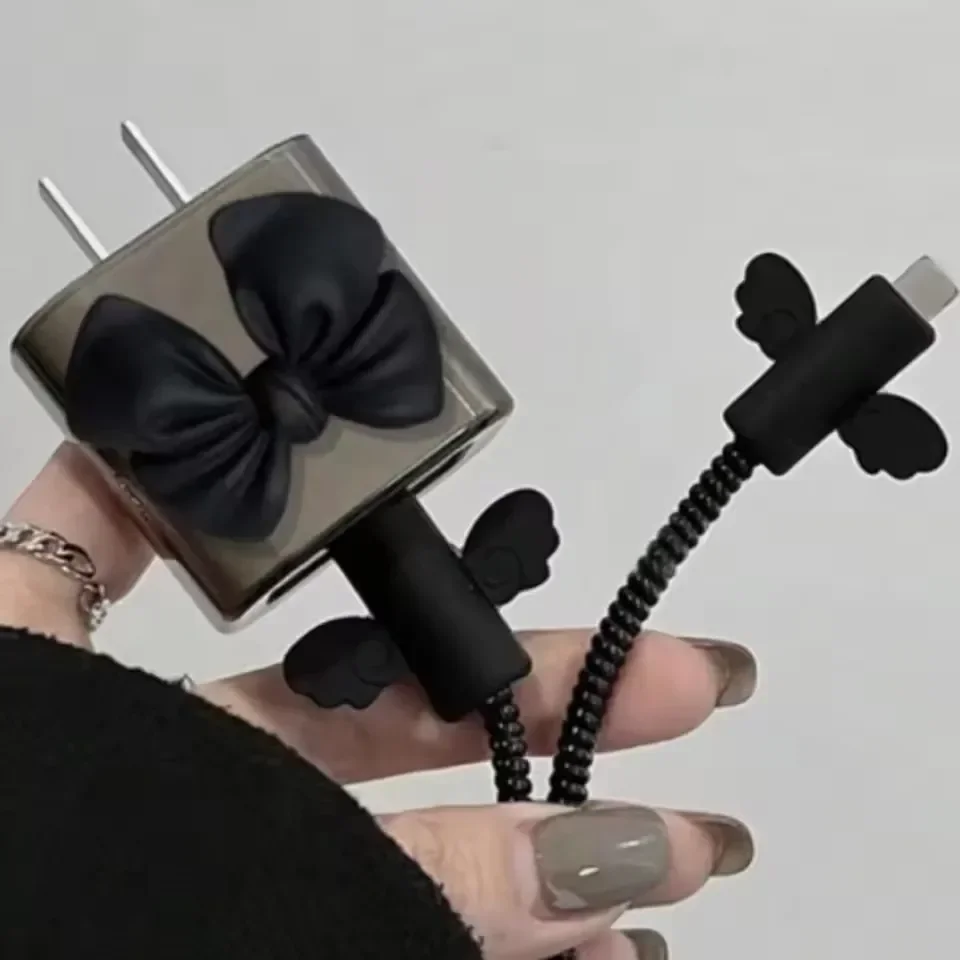 Black Love Bow 5pcs/set Charging Data Cable Protector Winder Accessories For iPhone 18/20w Charger Protective Cover