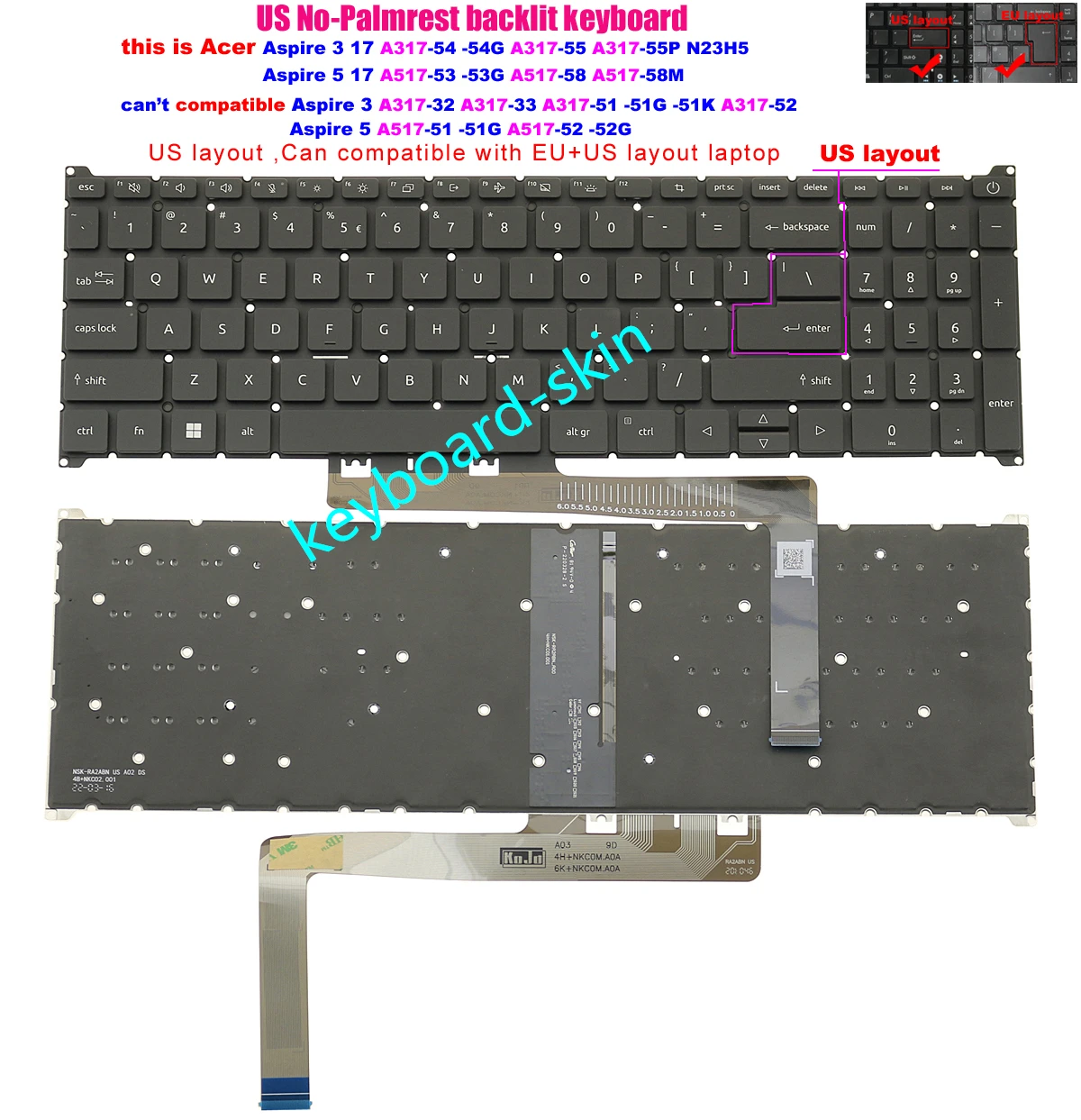 جديد الولايات المتحدة الخلفية لوحة المفاتيح لشركة أيسر أسباير 3 17 A317-54 A317-54G ، A317-55 A317-55P N23H5 A517-53 A517-53G ، A517-58 A517-58M محمول #1